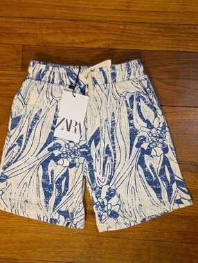 NWT Zara White and Blue Floral Drawstring Shorts Size 6